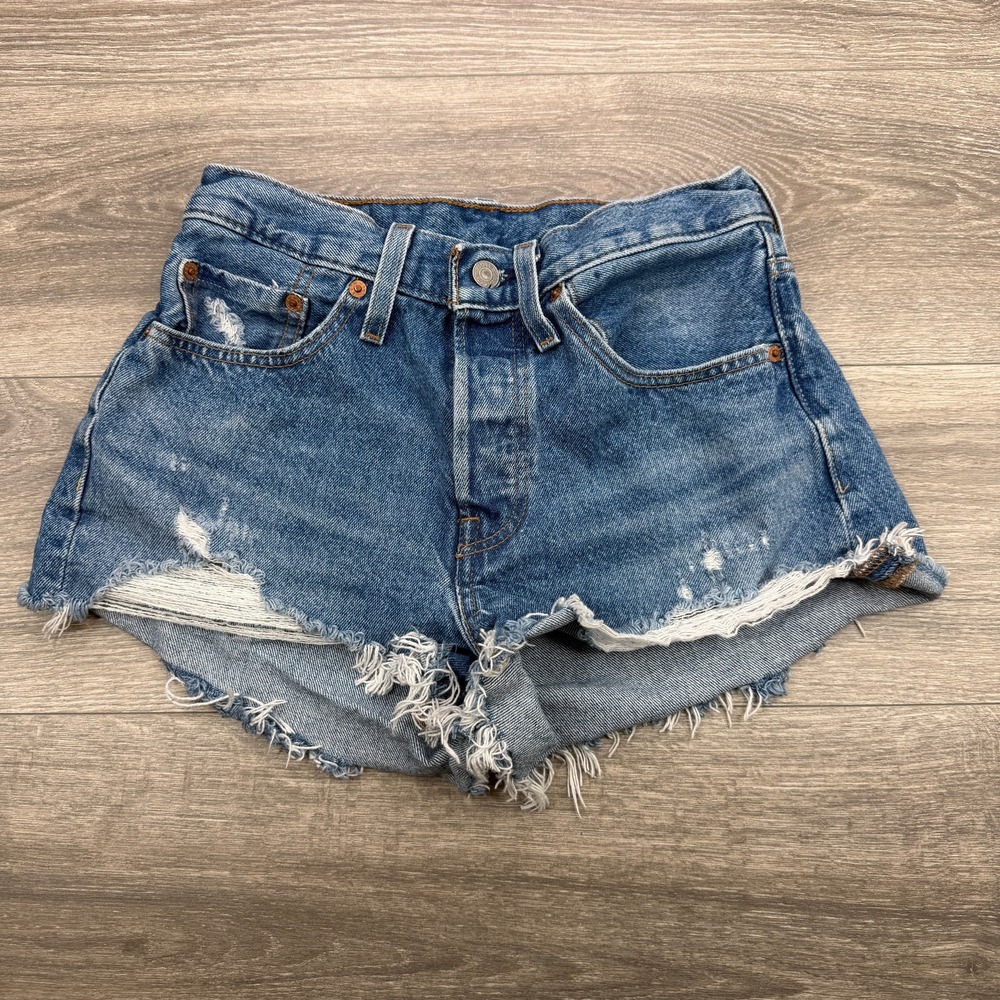 Levis 501 Shorts Womens 26 Button Fly High Rise Distressed Ripped Cut Off Denim
